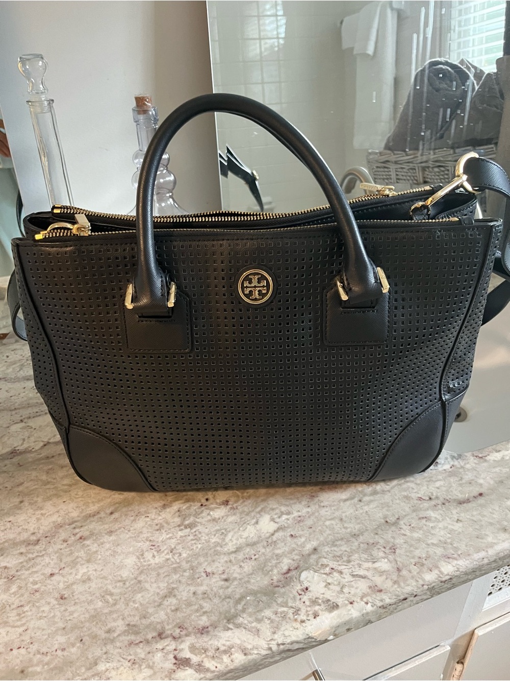Tory Burch Black Perforated Leather Satchel with Gold Hardware
